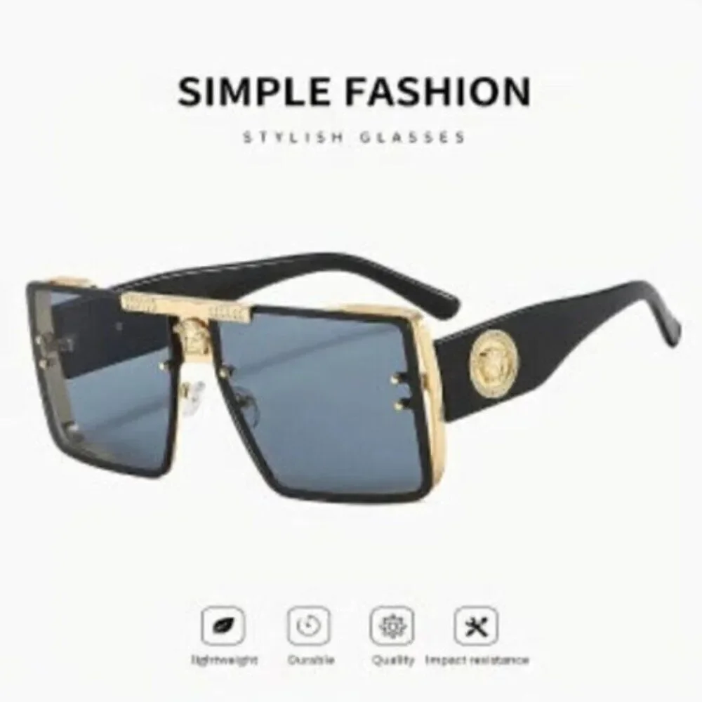Black Sports Sunglasses Rivet Metal Frame Large Square Gold Frame